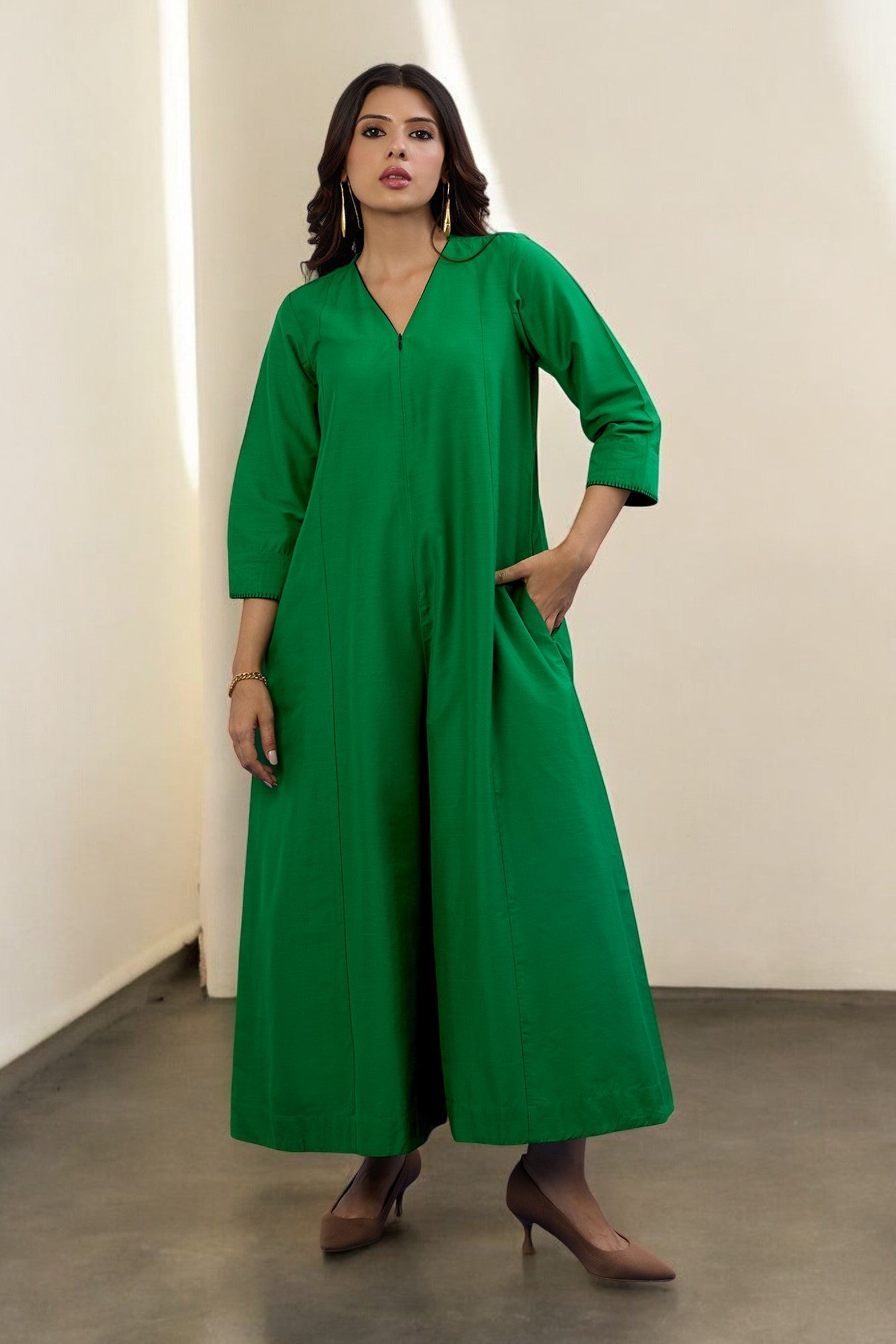 Maati Craft Gulabi Leafsong Green Silk Slub Front Zipper Jumpsuit with Pockets & Sleeves