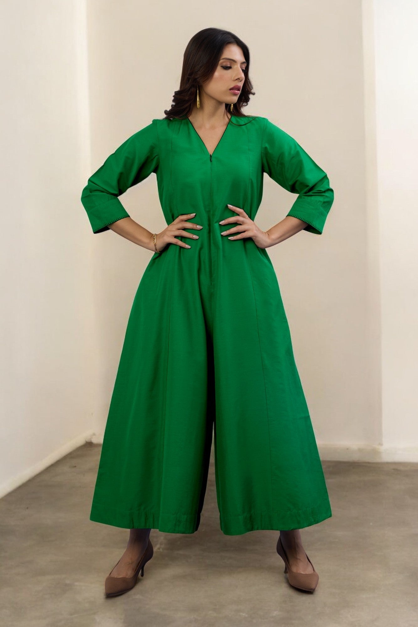 Maati Craft Gulabi Leafsong Green Silk Slub Front Zipper Jumpsuit with Pockets & Sleeves