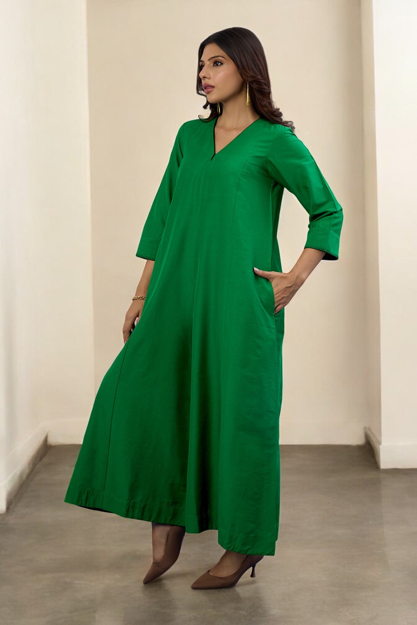 Maati Craft Gulabi Leafsong Green Silk Slub Front Zipper Jumpsuit with Pockets & Sleeves