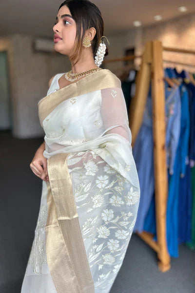 Organza saree with floral applique - Tara, Onam