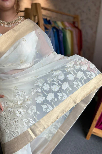 Organza saree with floral applique - Tara, Onam