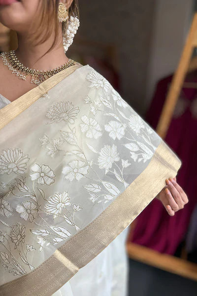Organza saree with floral applique - Tara, Onam