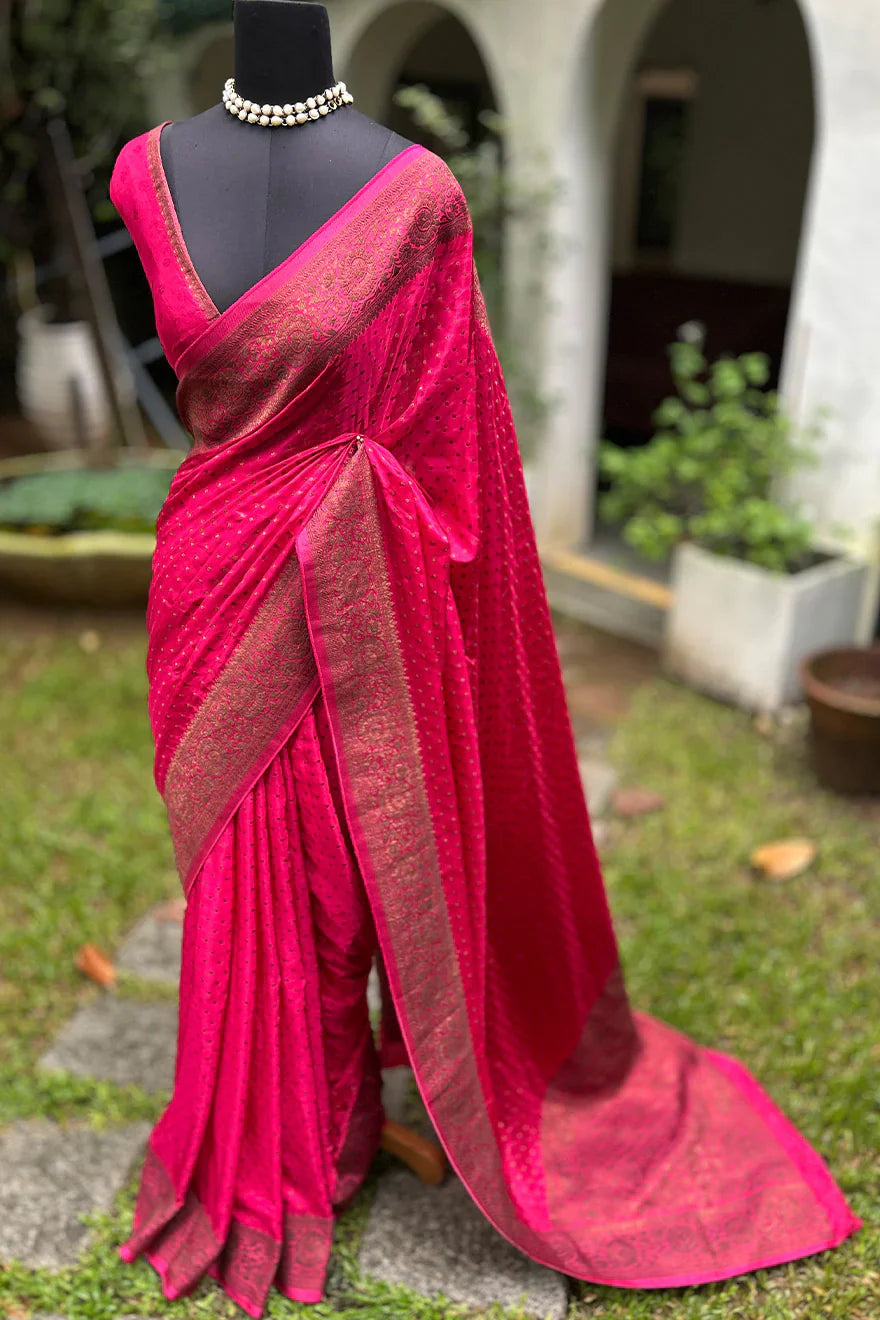 Semi Satin Silk Saree Rani Pink