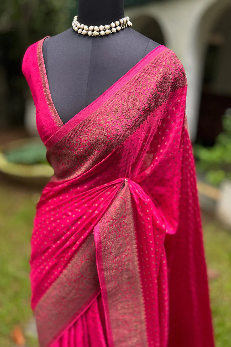 Semi Satin Silk Saree Rani Pink