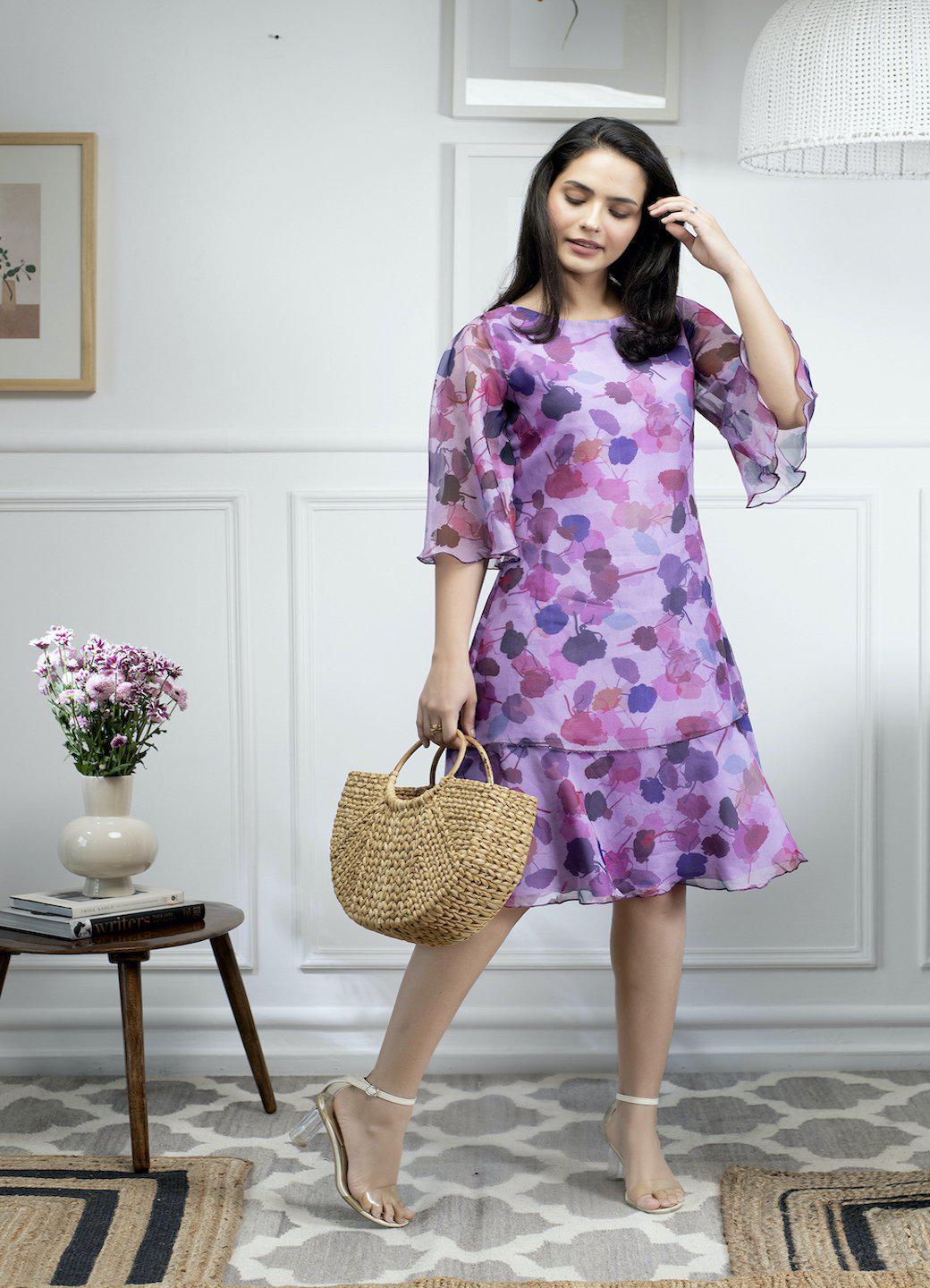 PowerSutra Floral Print A Line Dress - Lavender