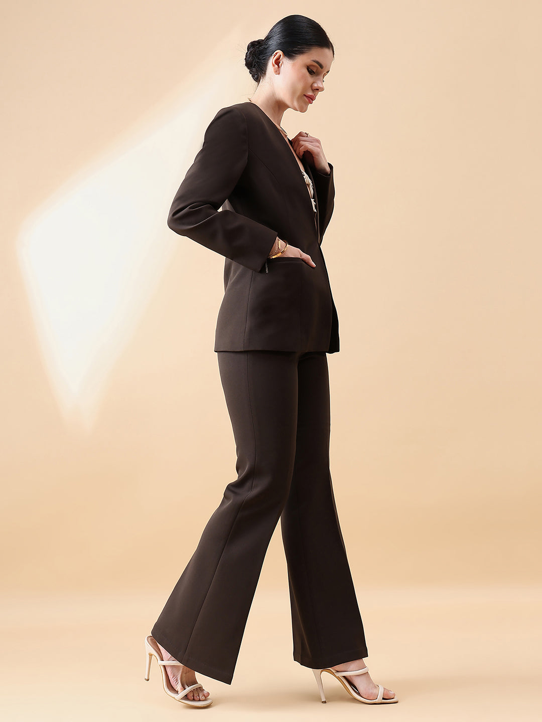 PowerSutra Lapel less Stretch Pant Suit- Chocolate Brown