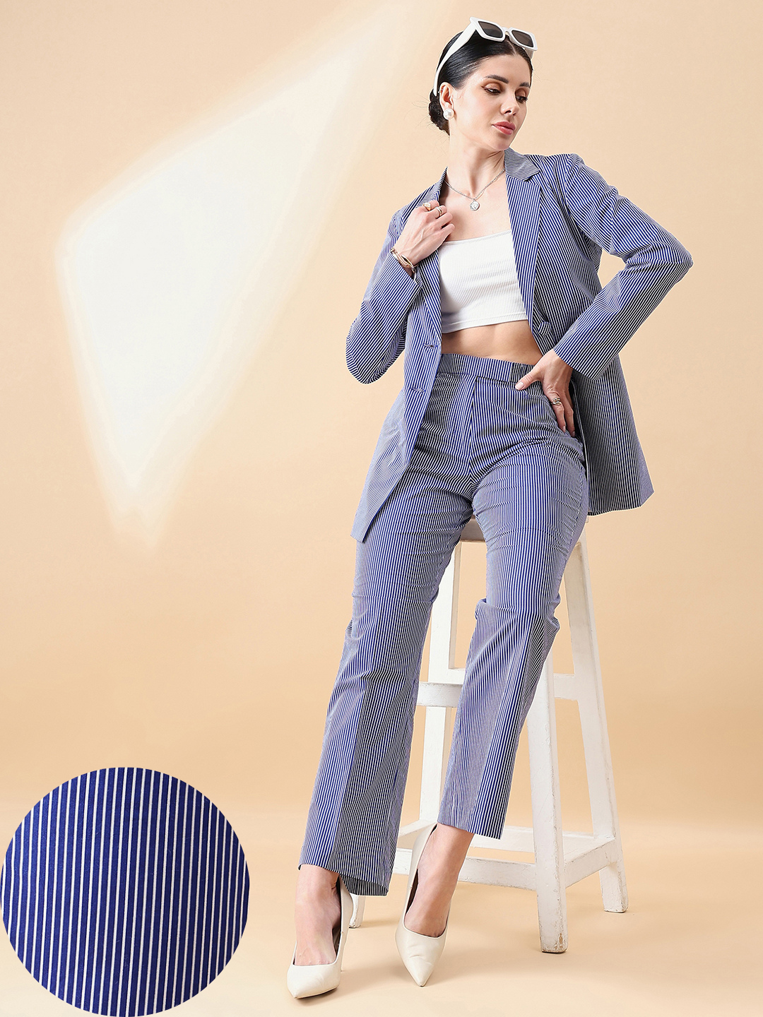 PowerSutra Cotton Stripe Pant Suit - Blue and White