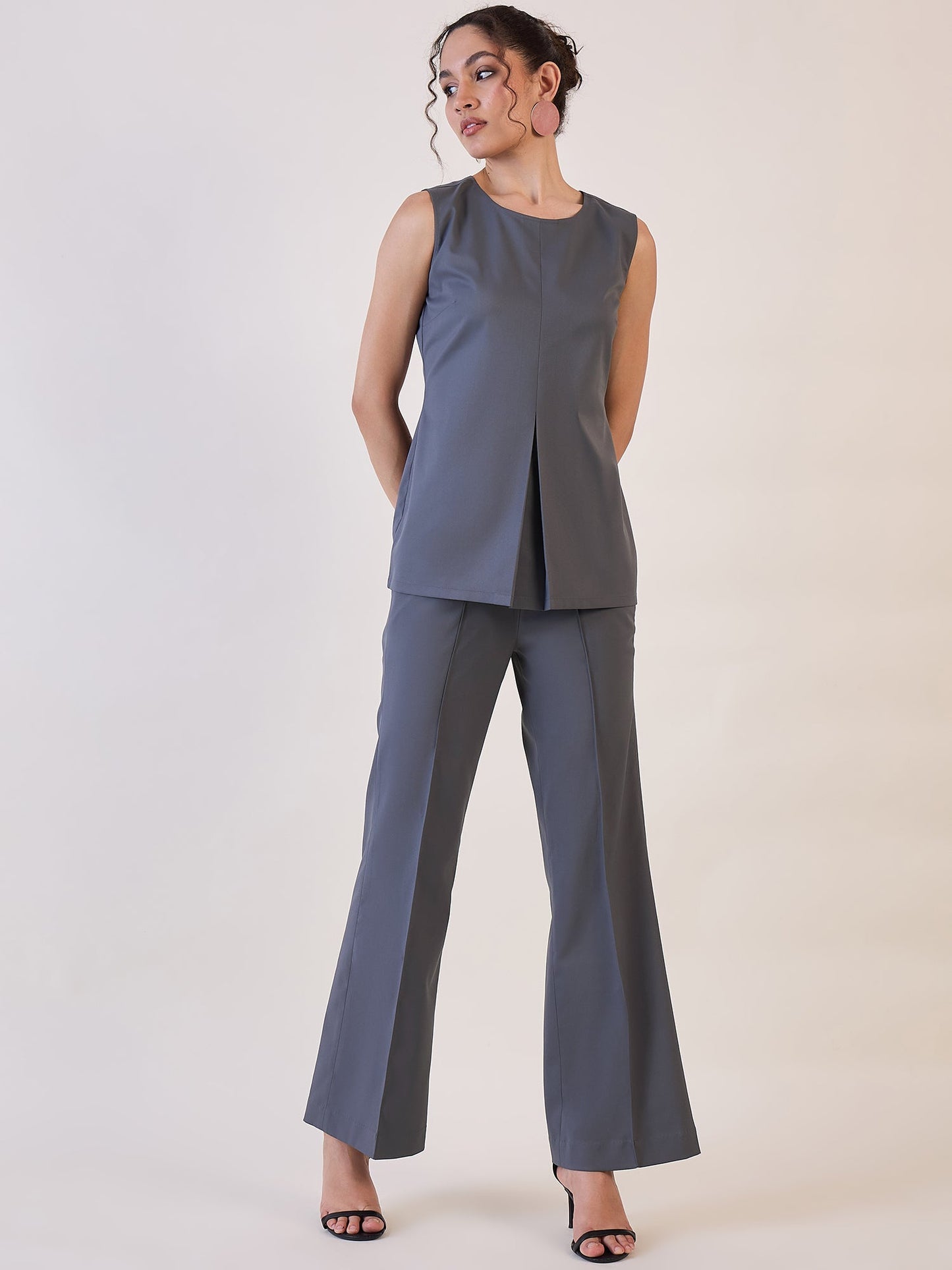 PowerSutra Grey Round Neck Top with Pin tuck Pants