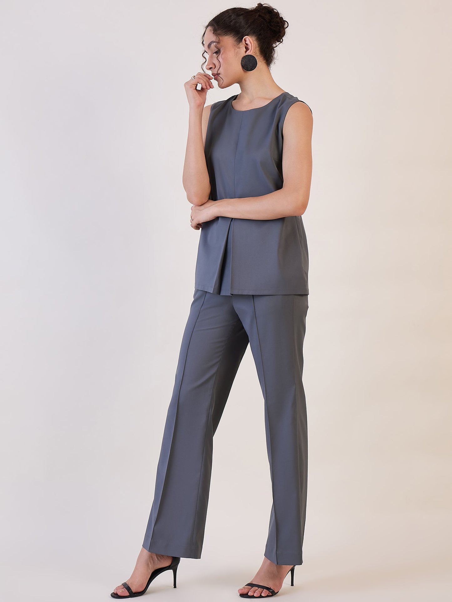 PowerSutra Grey Round Neck Top with Pin tuck Pants