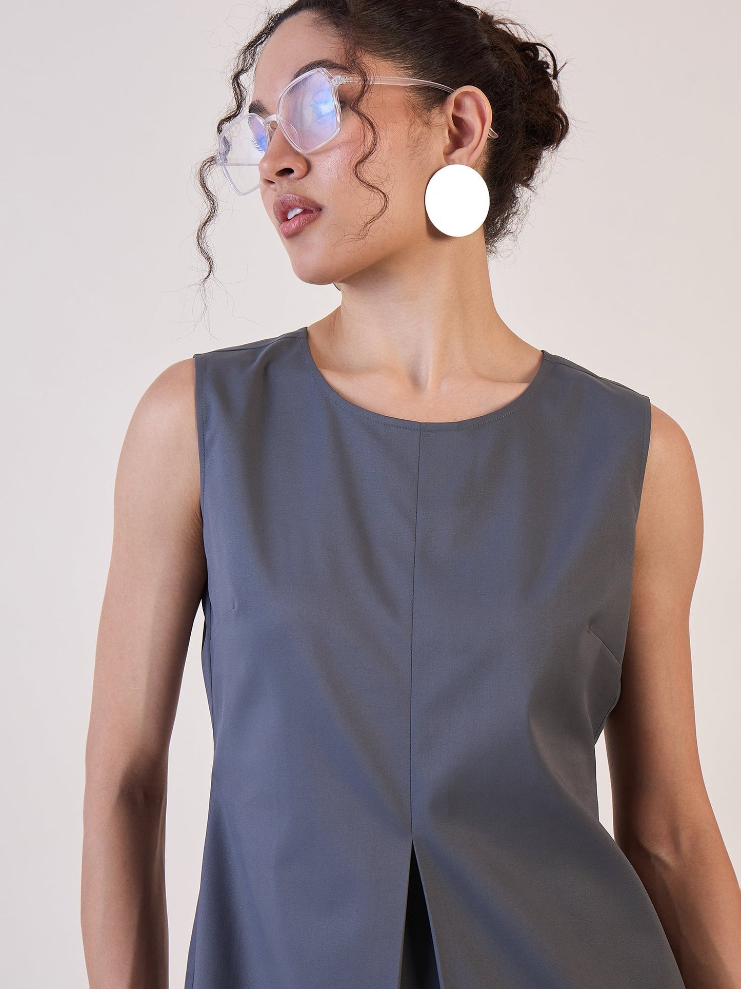 PowerSutra Grey Round Neck Top with Pin tuck Pants