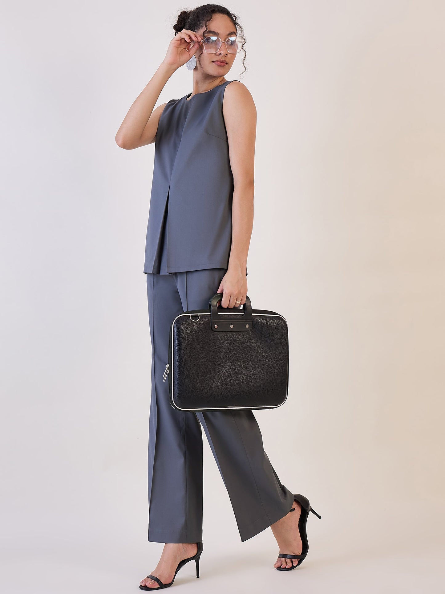 PowerSutra Grey Round Neck Top with Pin tuck Pants