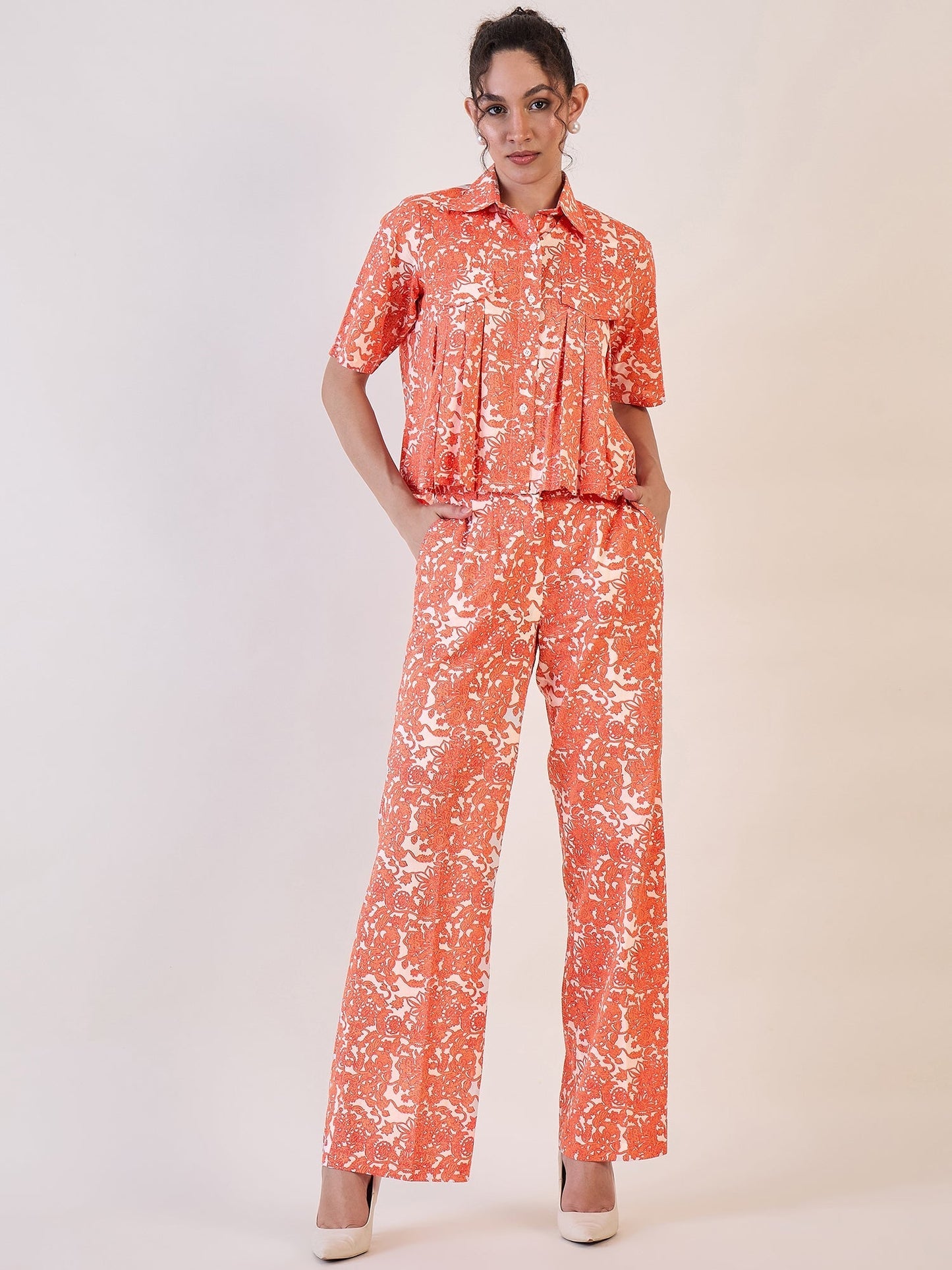PowerSutra White Floral Collar Shirt With Straight Trouser