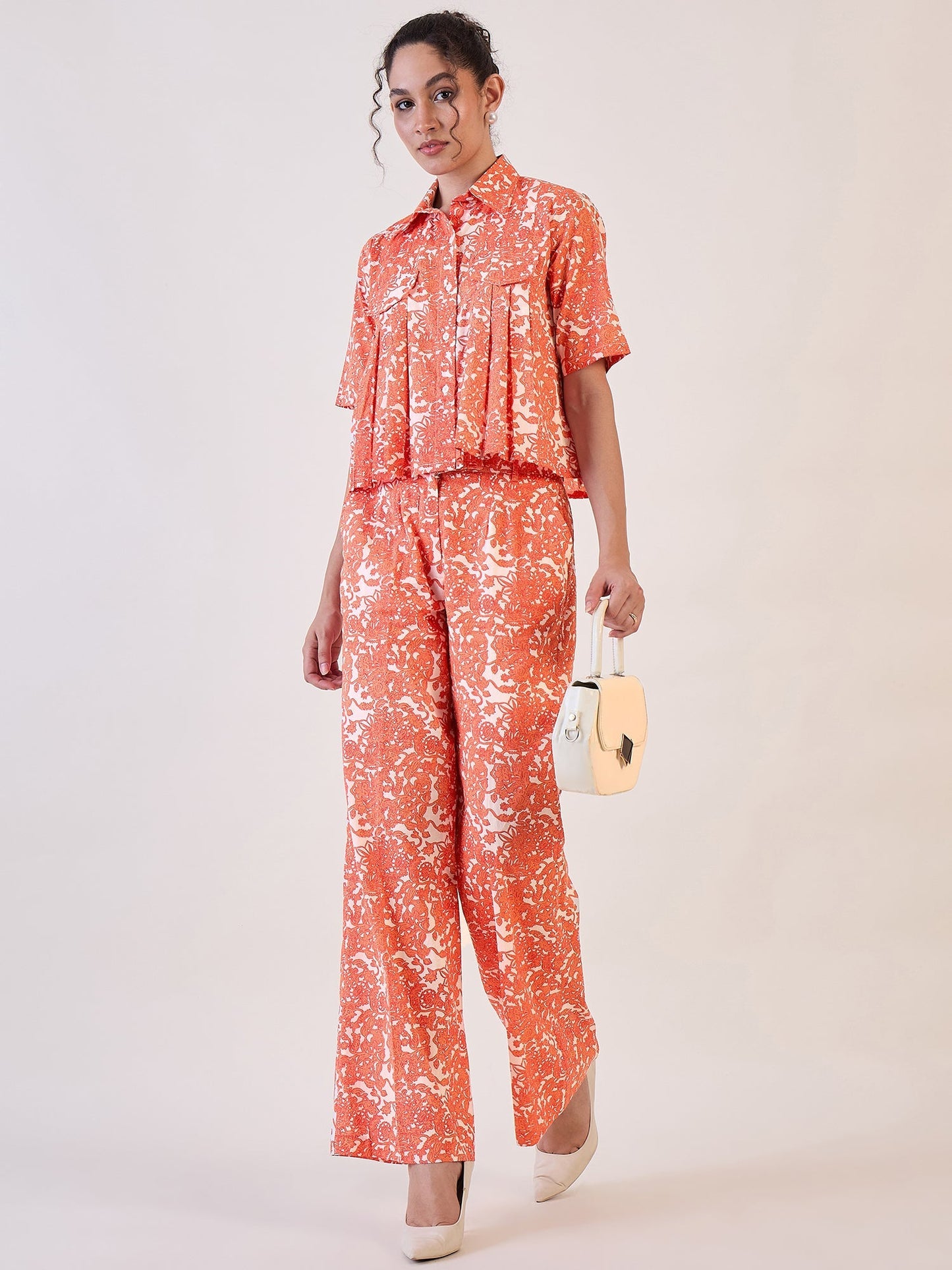 PowerSutra White Floral Collar Shirt With Straight Trouser