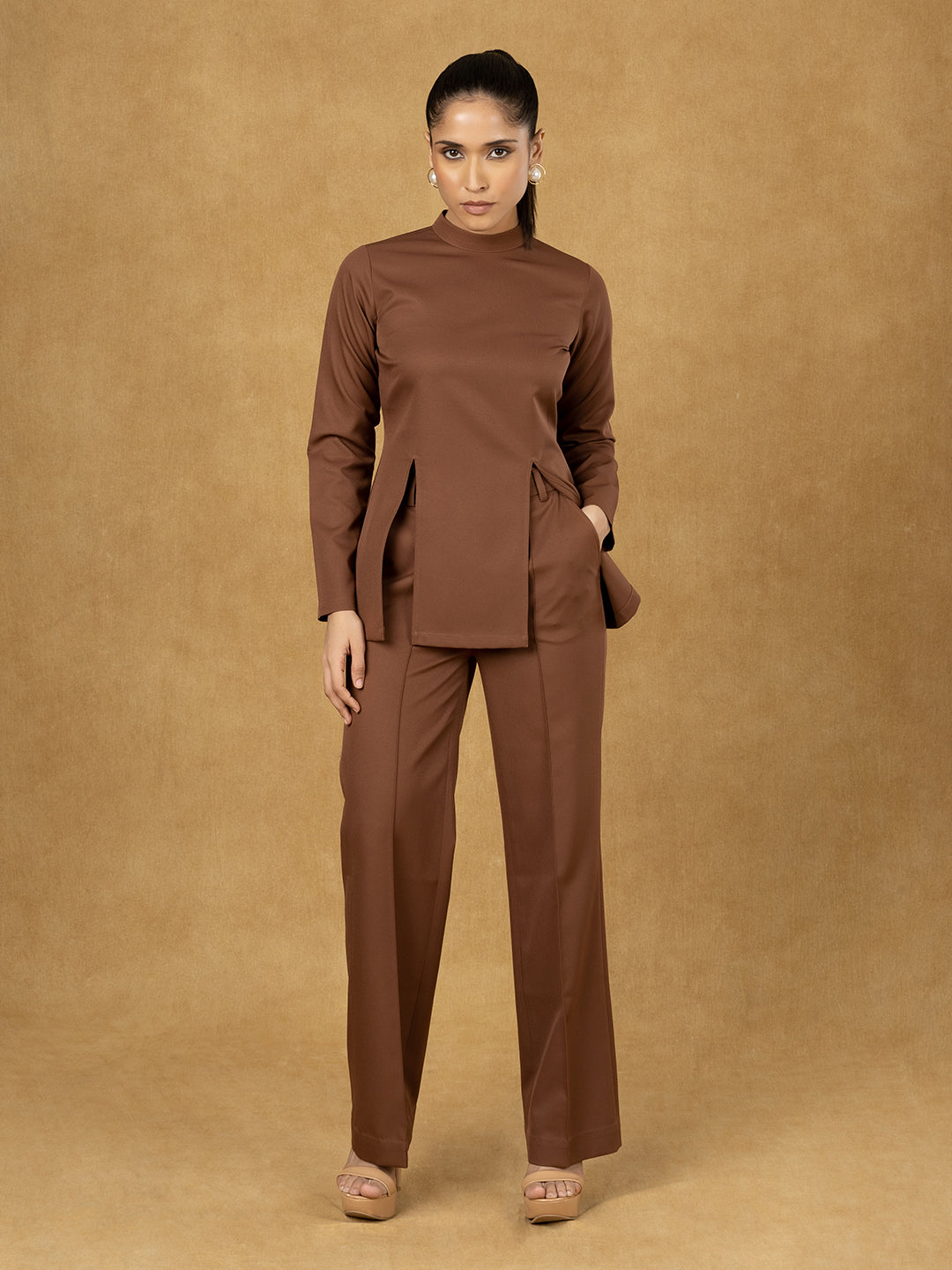 PowerSutra Brown Front Slit Top With Straight Trouser
