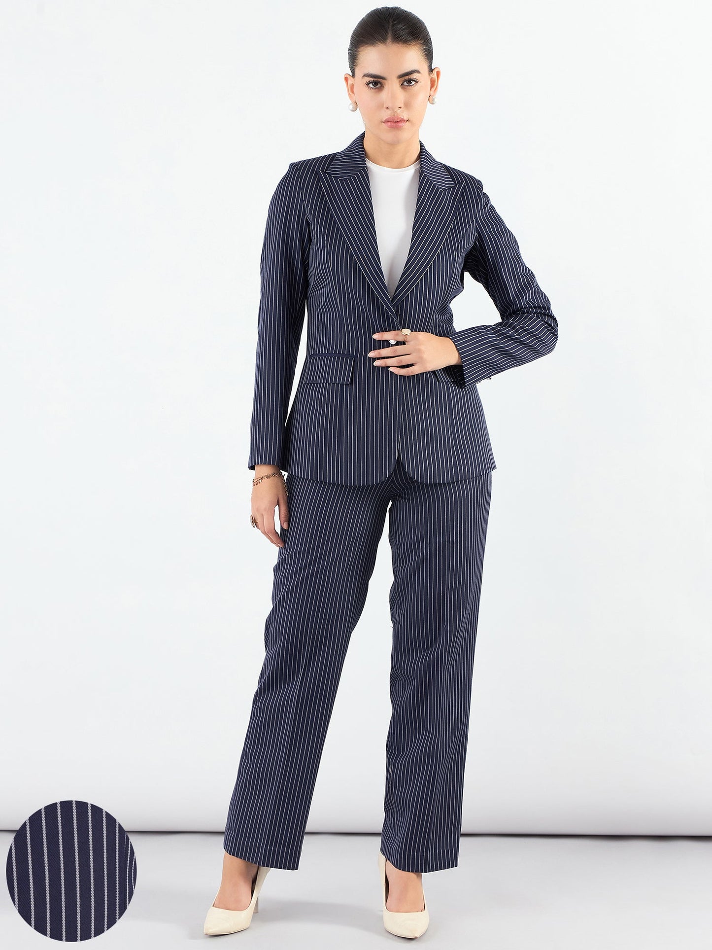 PowerSutra Blue-Striped Asymmetric Blazer With Tailored Elasticated Fit Trouser