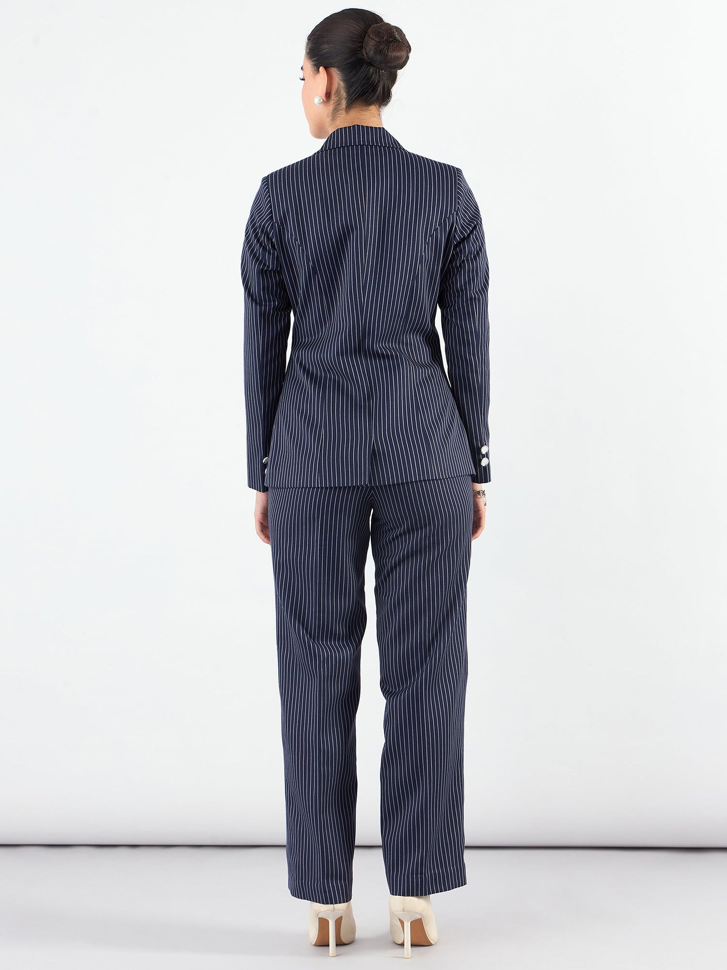PowerSutra Blue-Striped Asymmetric Blazer With Tailored Elasticated Fit Trouser