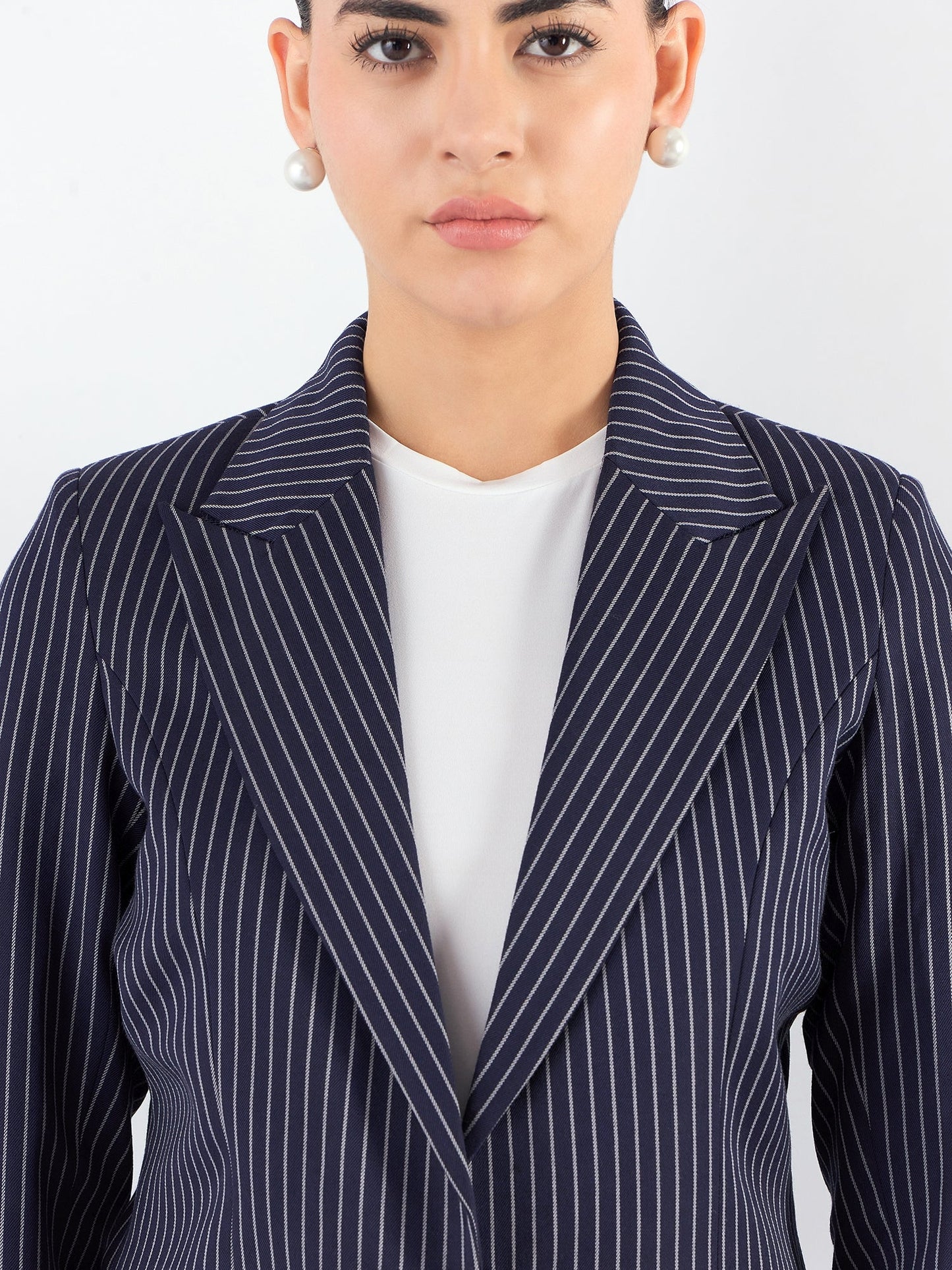 PowerSutra Blue-Striped Asymmetric Blazer With Tailored Elasticated Fit Trouser