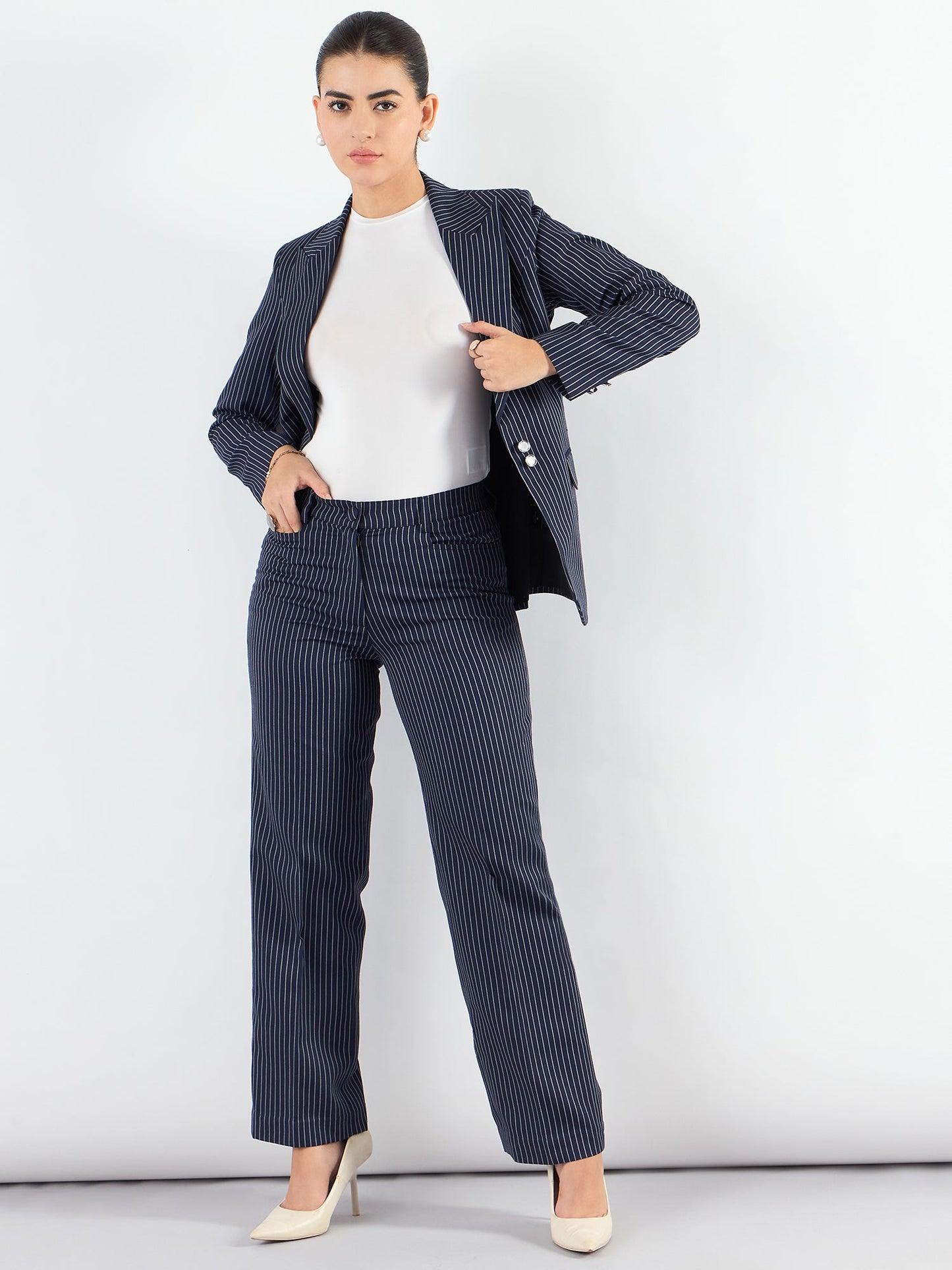 PowerSutra Blue-Striped Asymmetric Blazer With Tailored Elasticated Fit Trouser