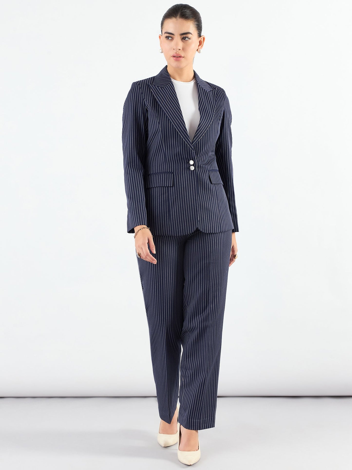 PowerSutra Blue-Striped Asymmetric Blazer With Tailored Elasticated Fit Trouser