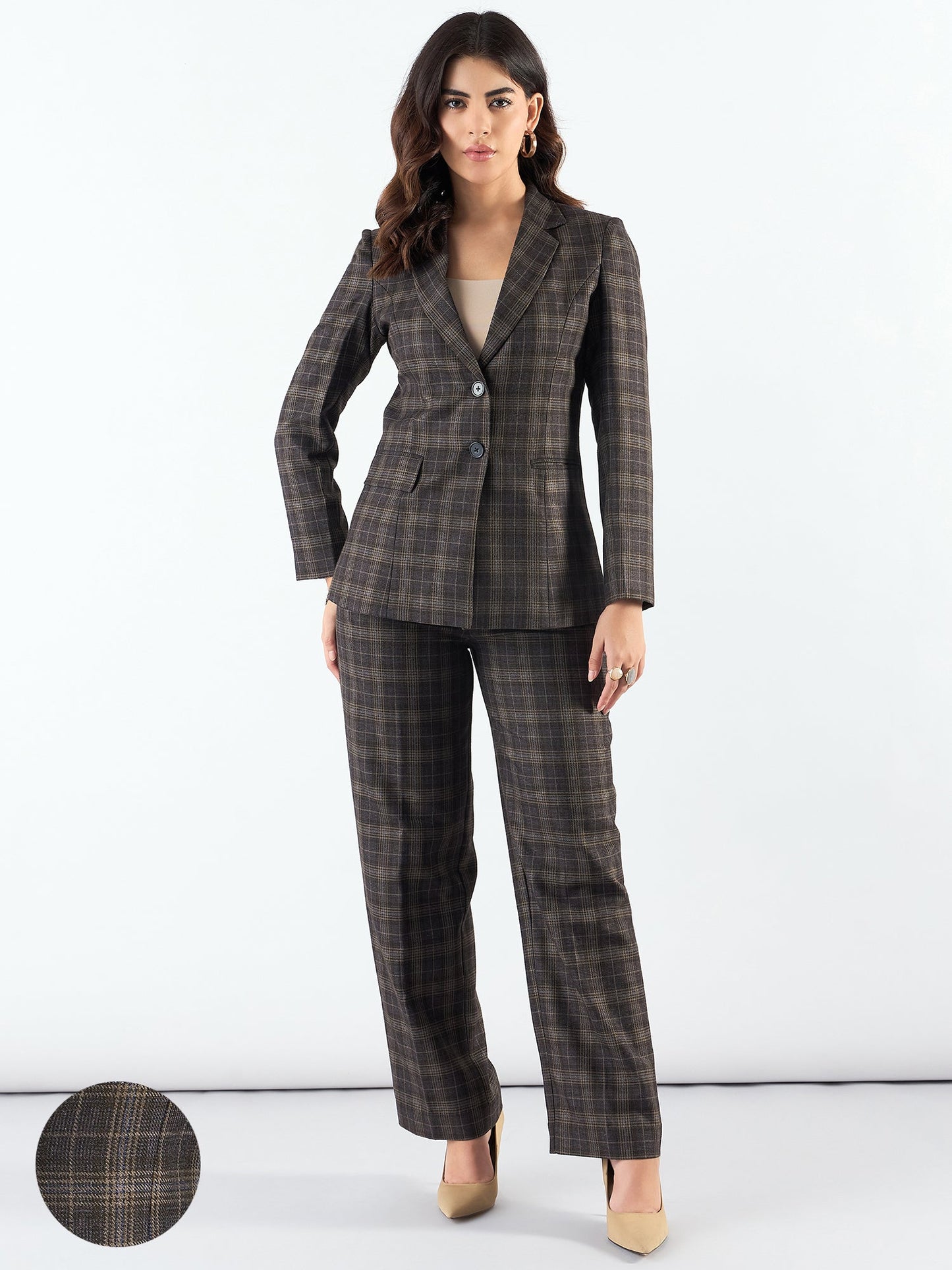 PowerSutra Brown Notched Lapel Tailored Fit Long Warm Checkered Blazer Paired With Trouser