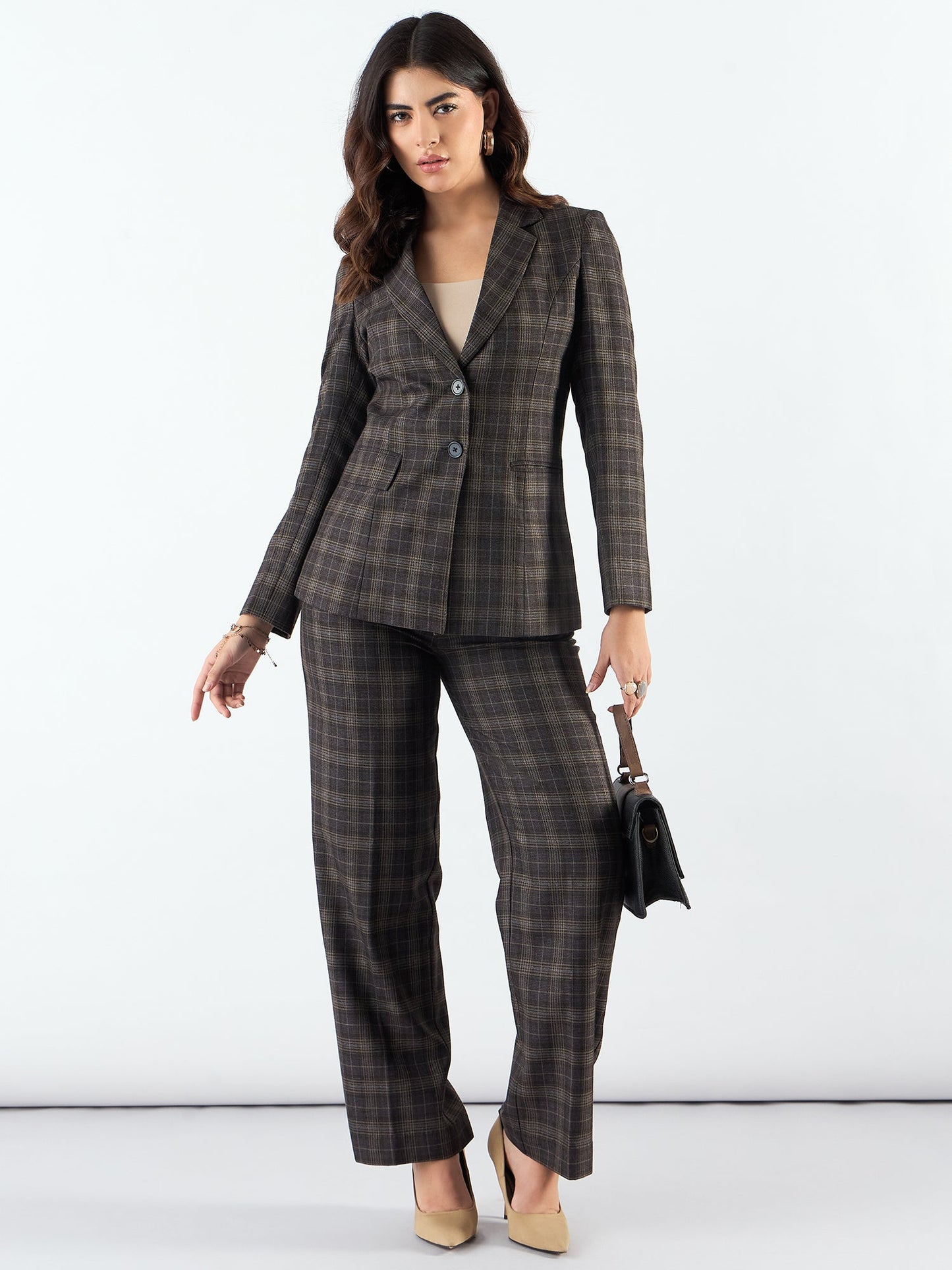 PowerSutra Brown Notched Lapel Tailored Fit Long Warm Checkered Blazer Paired With Trouser