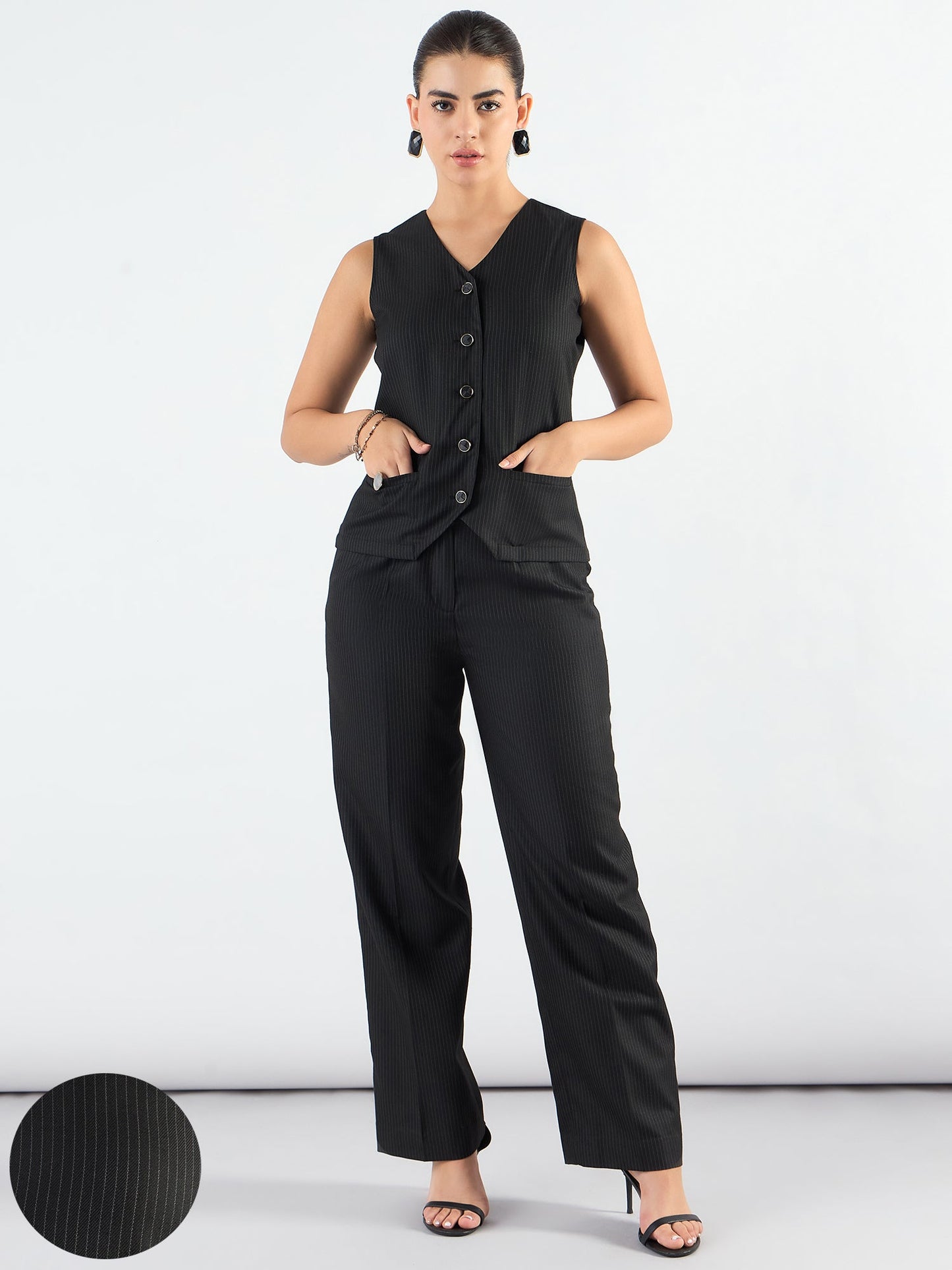 PowerSutra V-Neck Striped Sleeveless Vest Coat With Trouser