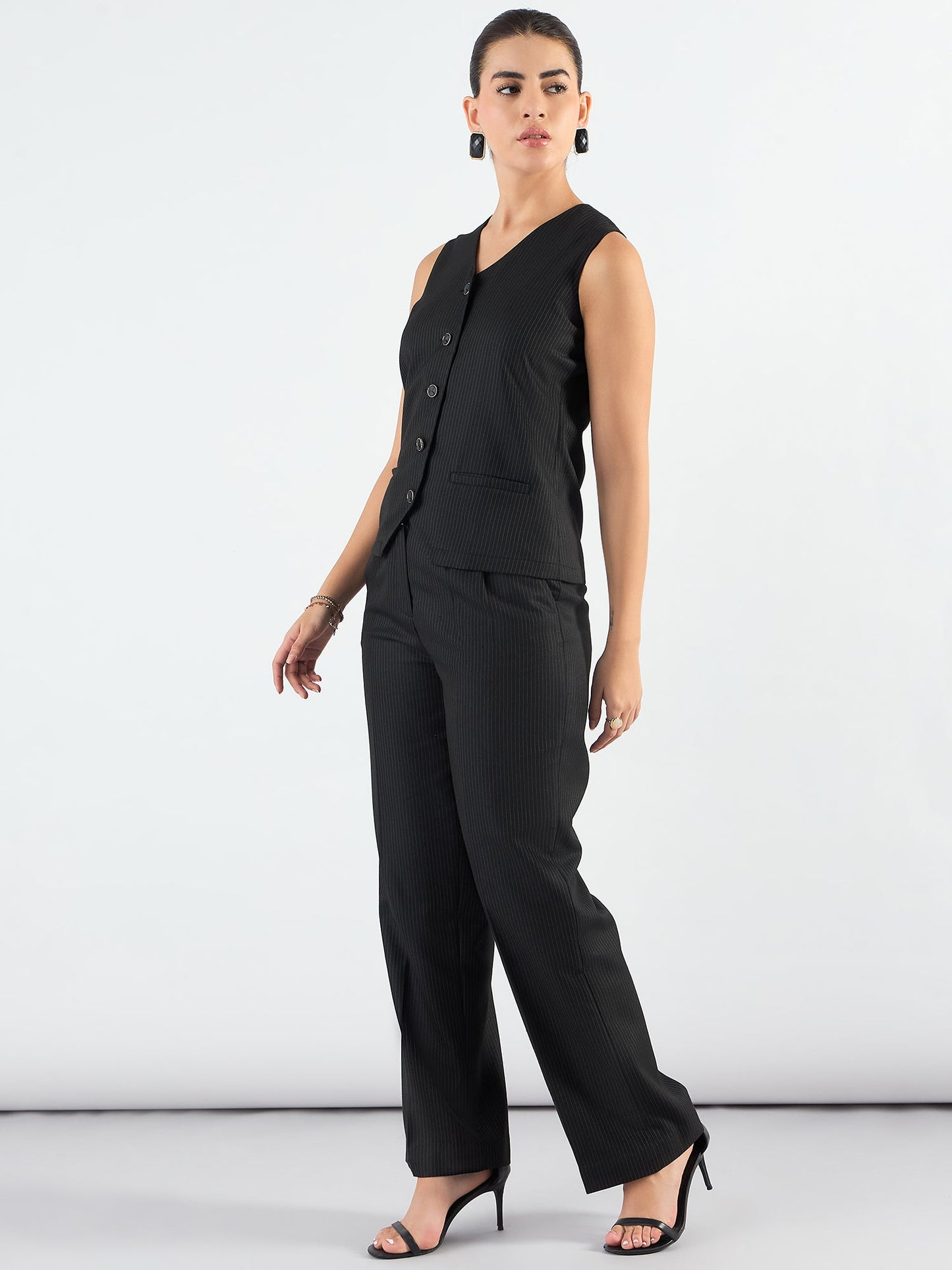 PowerSutra V-Neck Striped Sleeveless Vest Coat With Trouser