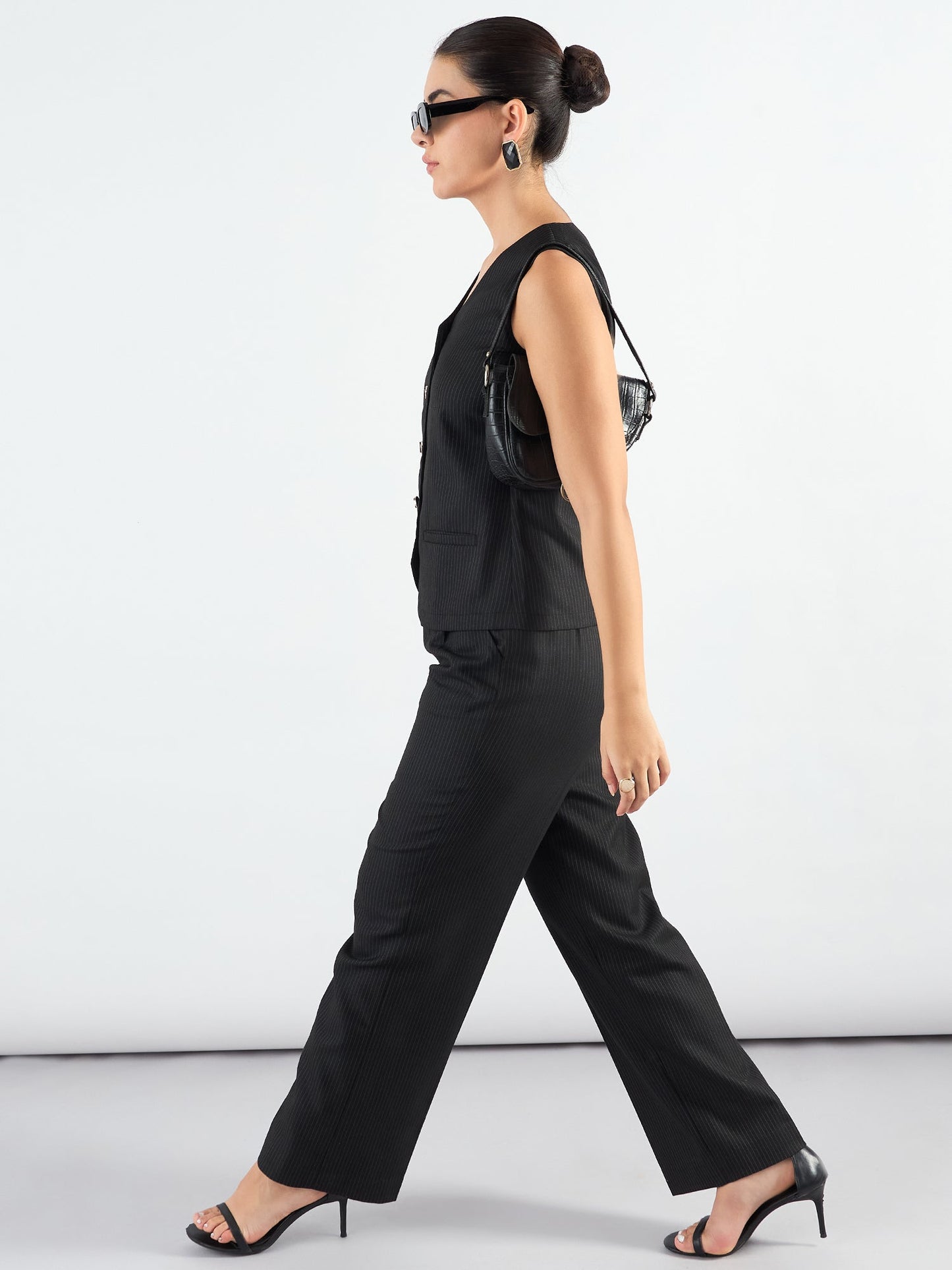 PowerSutra V-Neck Striped Sleeveless Vest Coat With Trouser