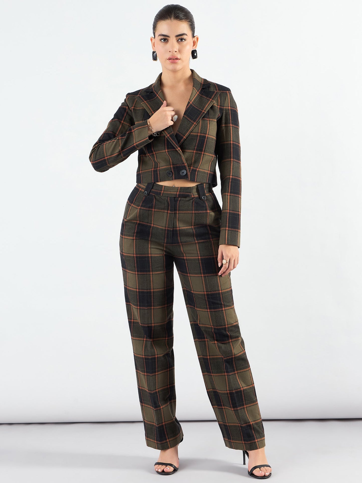 PowerSutra Notched Lapel Checkered Warm Crop Blazer With Trouser