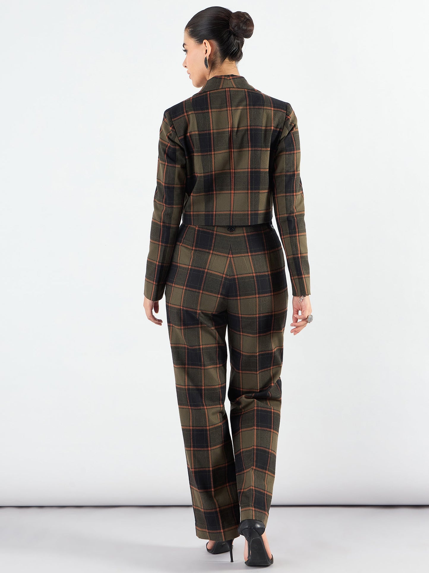 PowerSutra Notched Lapel Checkered Warm Crop Blazer With Trouser