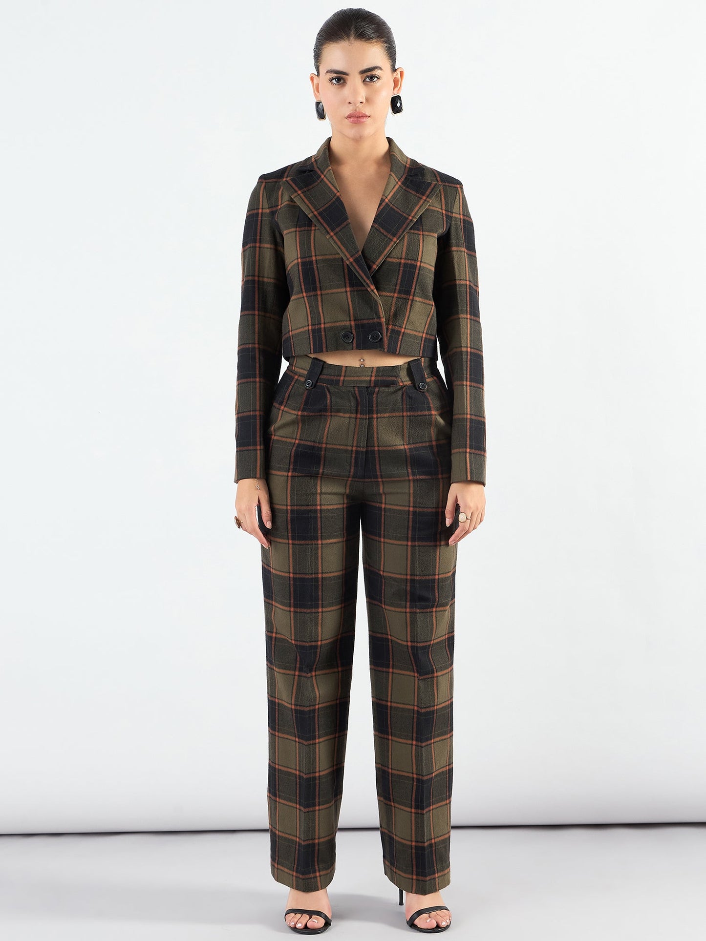 PowerSutra Notched Lapel Checkered Warm Crop Blazer With Trouser