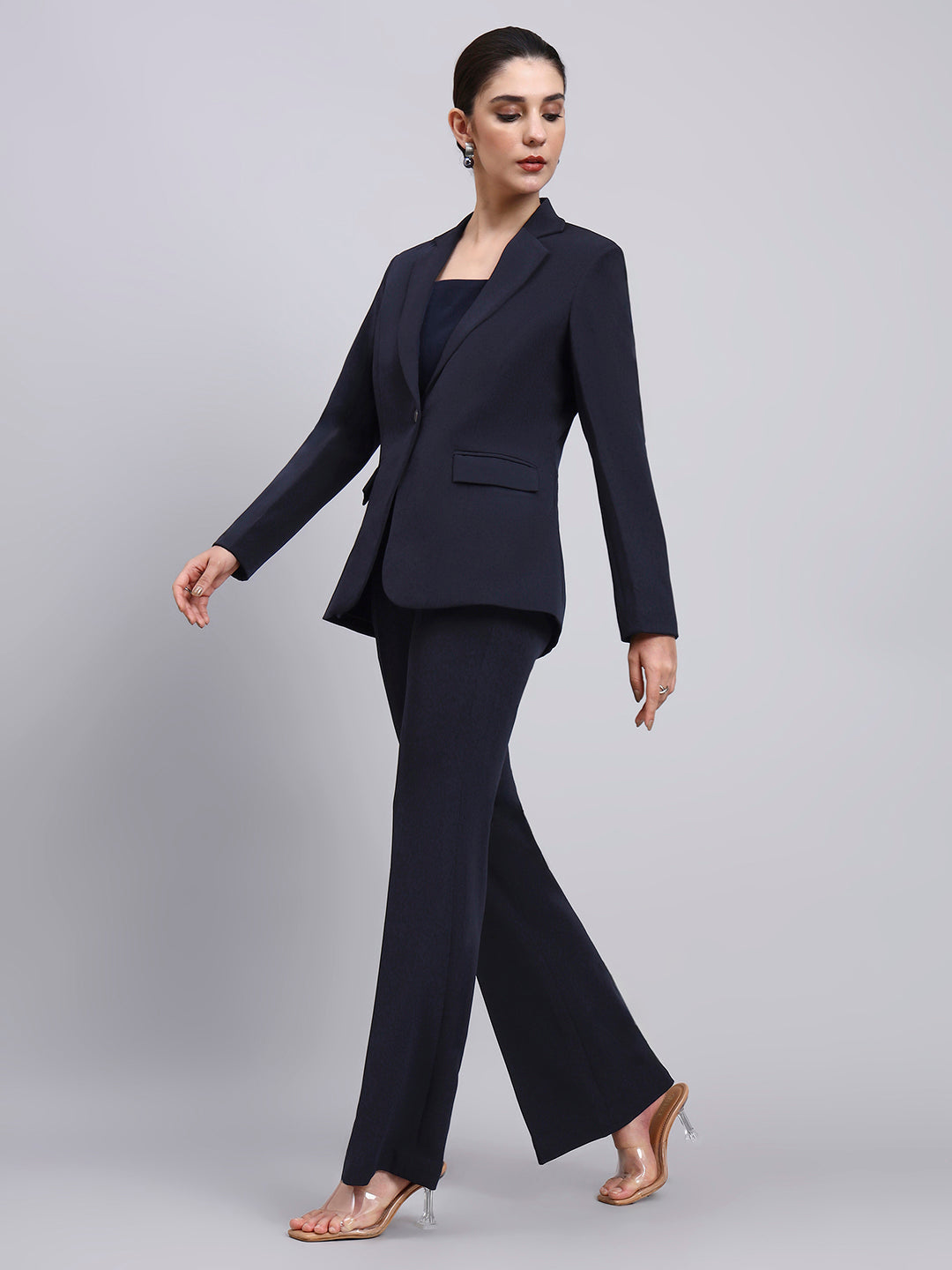 Powersutra Tailored Navy Blue Blazer-Set Featuring Silver Grey Buttons And Flared Pants