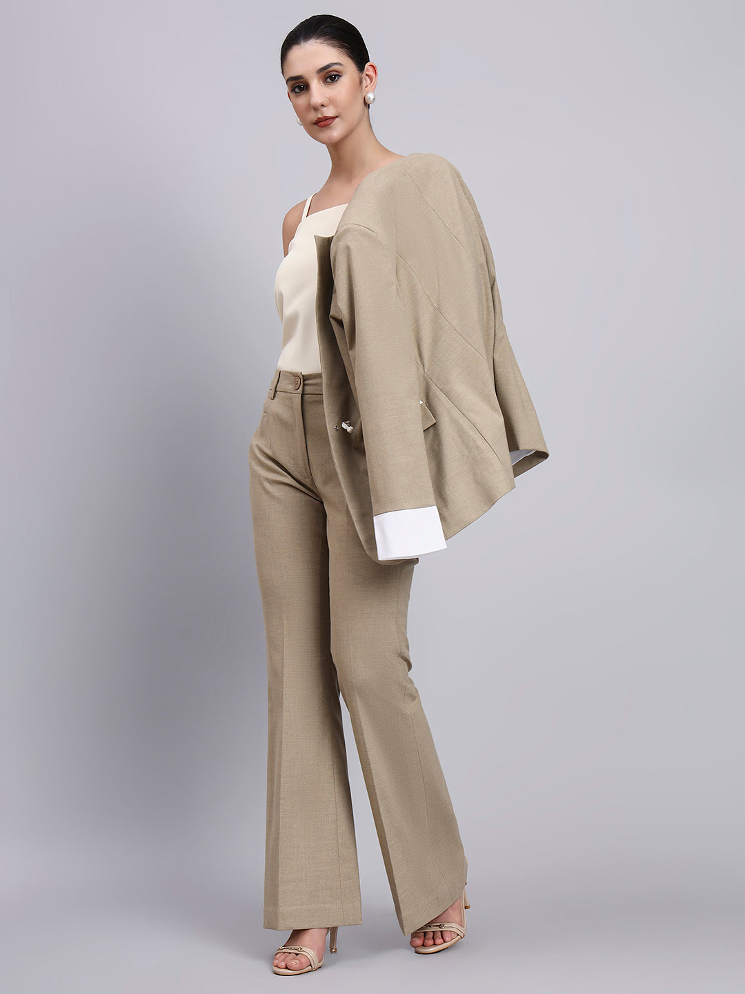 Powersutra Tailored Dual-Tone Stretch Power Suit Featuring Refined Linear Detailing With Flared Pants