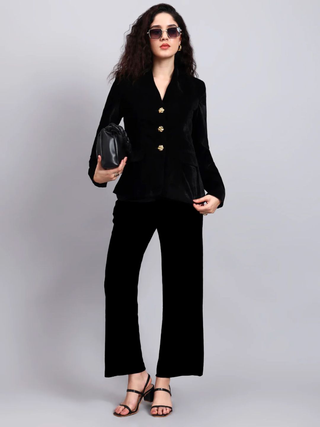 Powersutra Women Black Velvet Stretchable Blazer Set With Gold-Tone Buttons