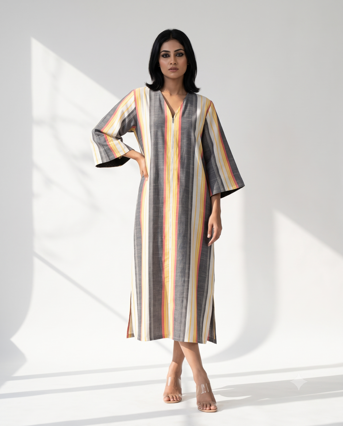Peach Dusk Bands Cotton Front Zipper A-Line Kurta Top Mc