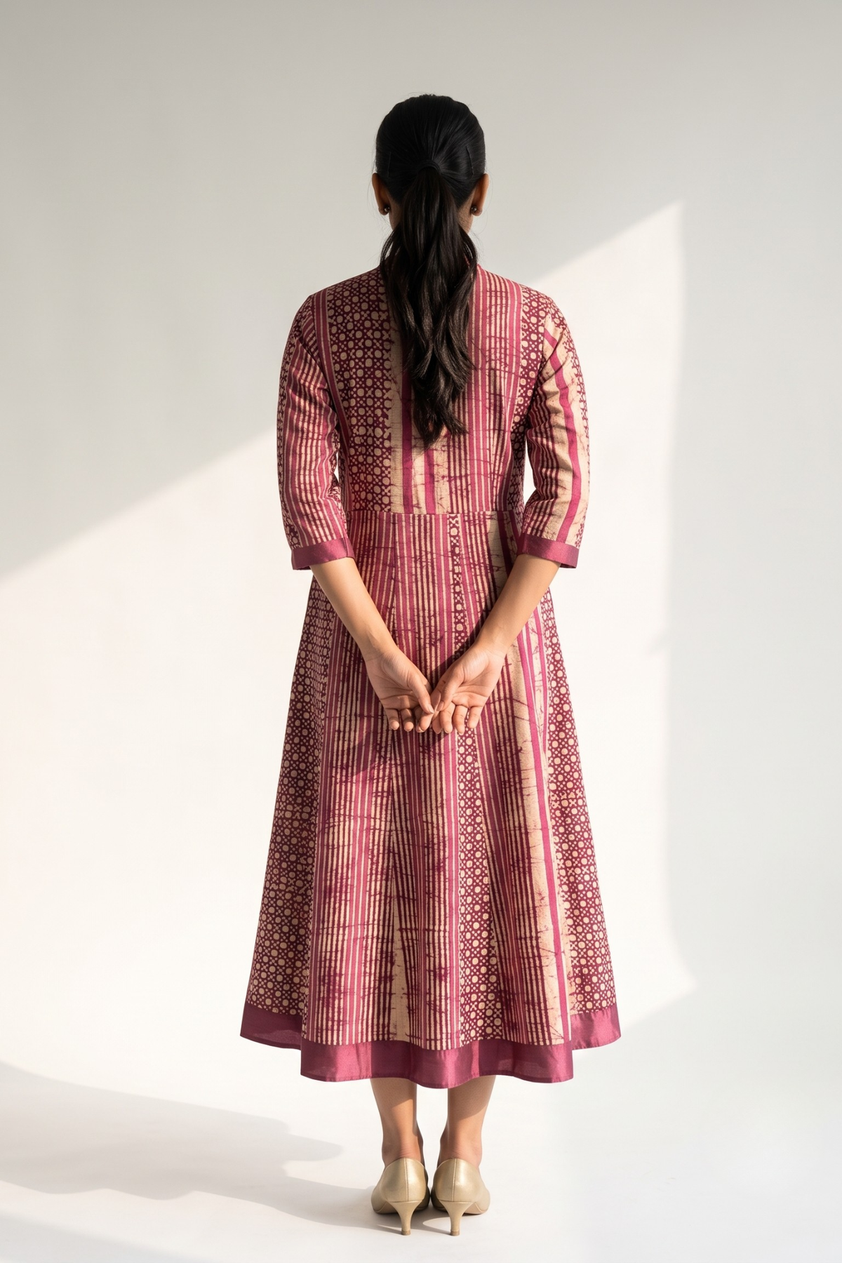 Plum Wine Stripe & Dots Batik Cross Potli Angrakha Kurta Mc