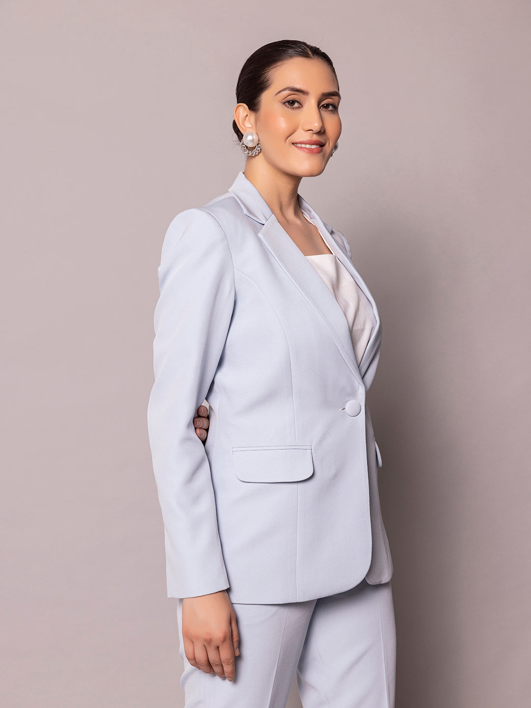PowerSutra Notch Collar Stretch Pant Suit- Ice Blue LP