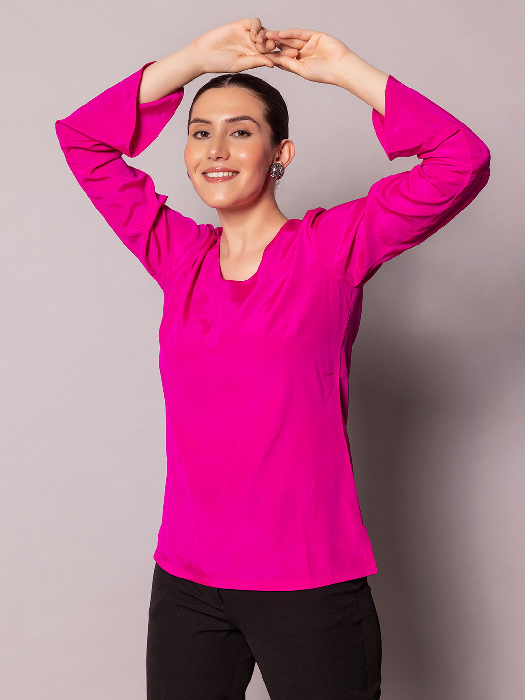 PowerSutra Regular Fit Bell Sleeves Crepe Top- Hot Pink
