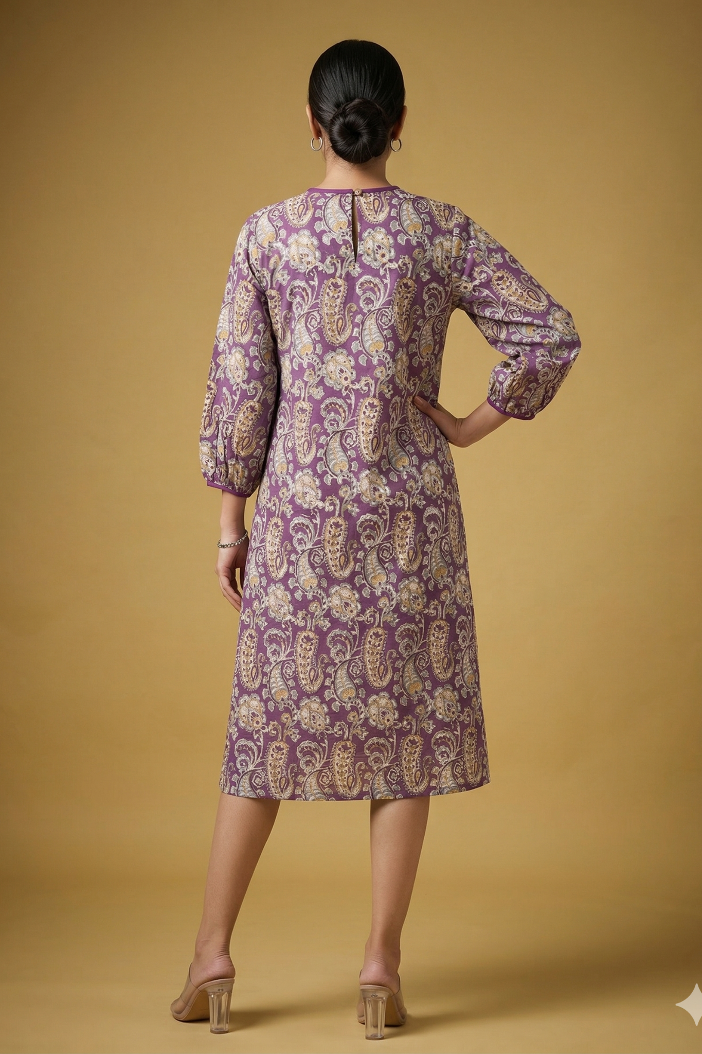Saffron Purple Paisley Garden Cotton Midi Gather Dress Mc