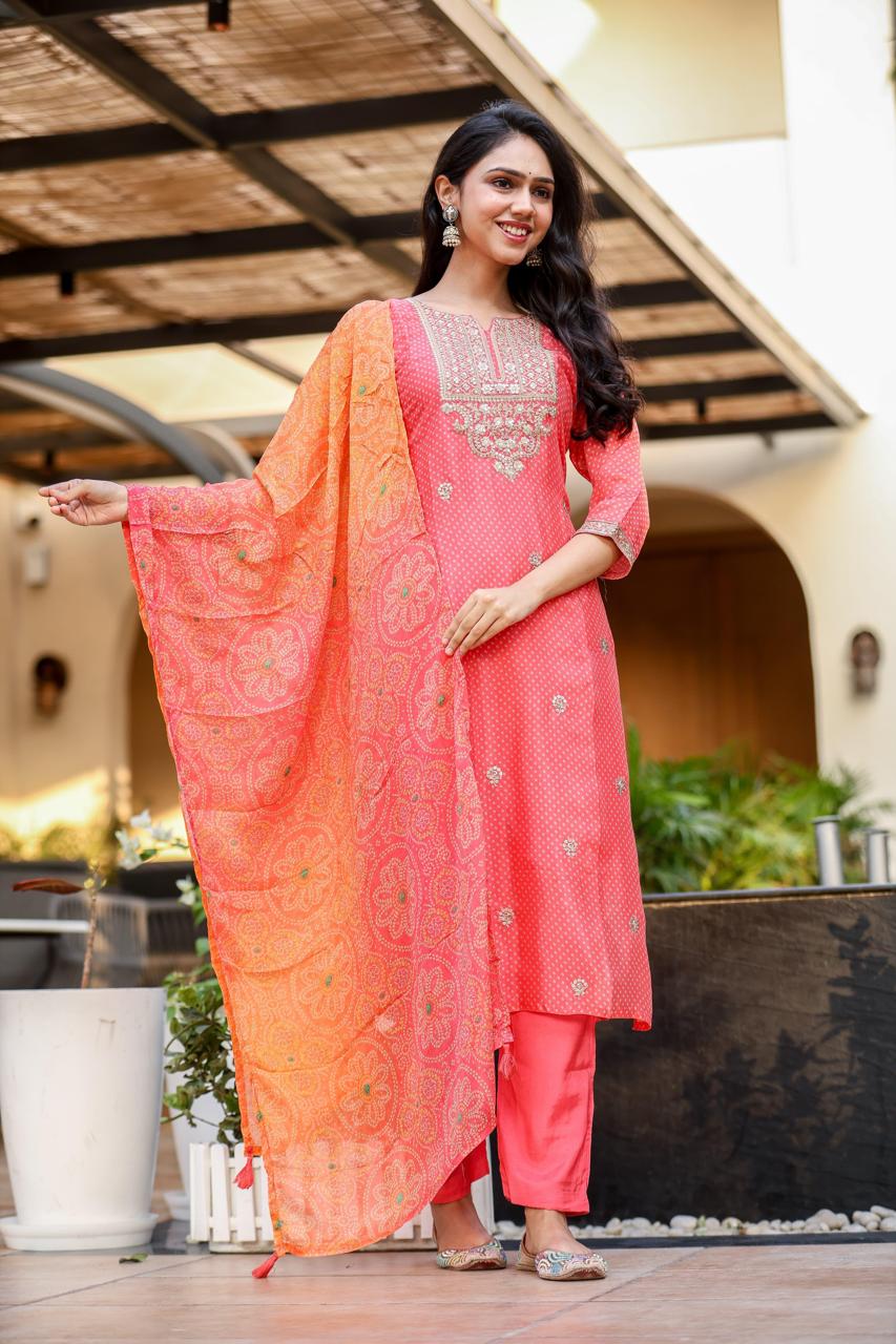 Meeval Chinon 3PC Set With Heavy Zari Work and Chinon Bandhej Dupatta LP