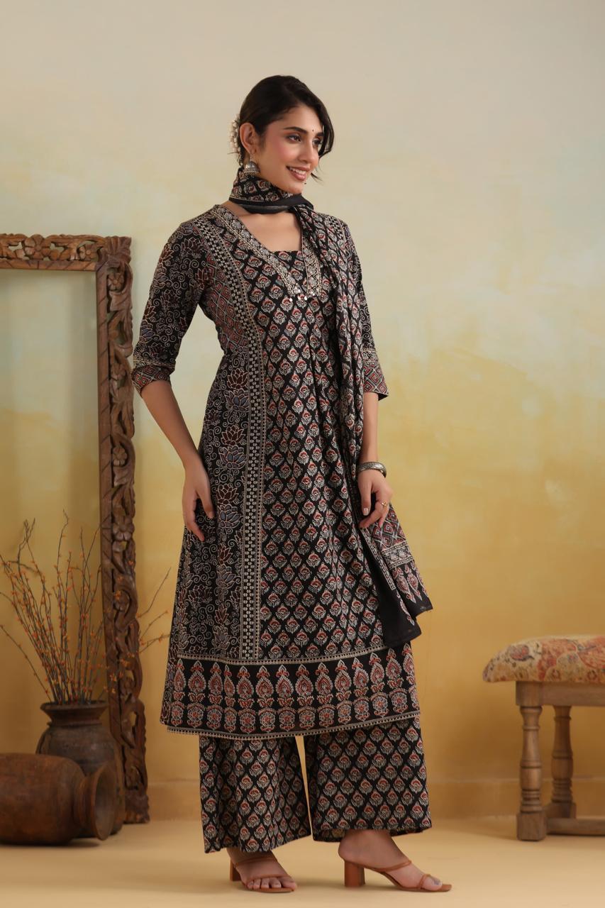 Meeval Ajrakh 3PC Set With Divider Palazzo LP
