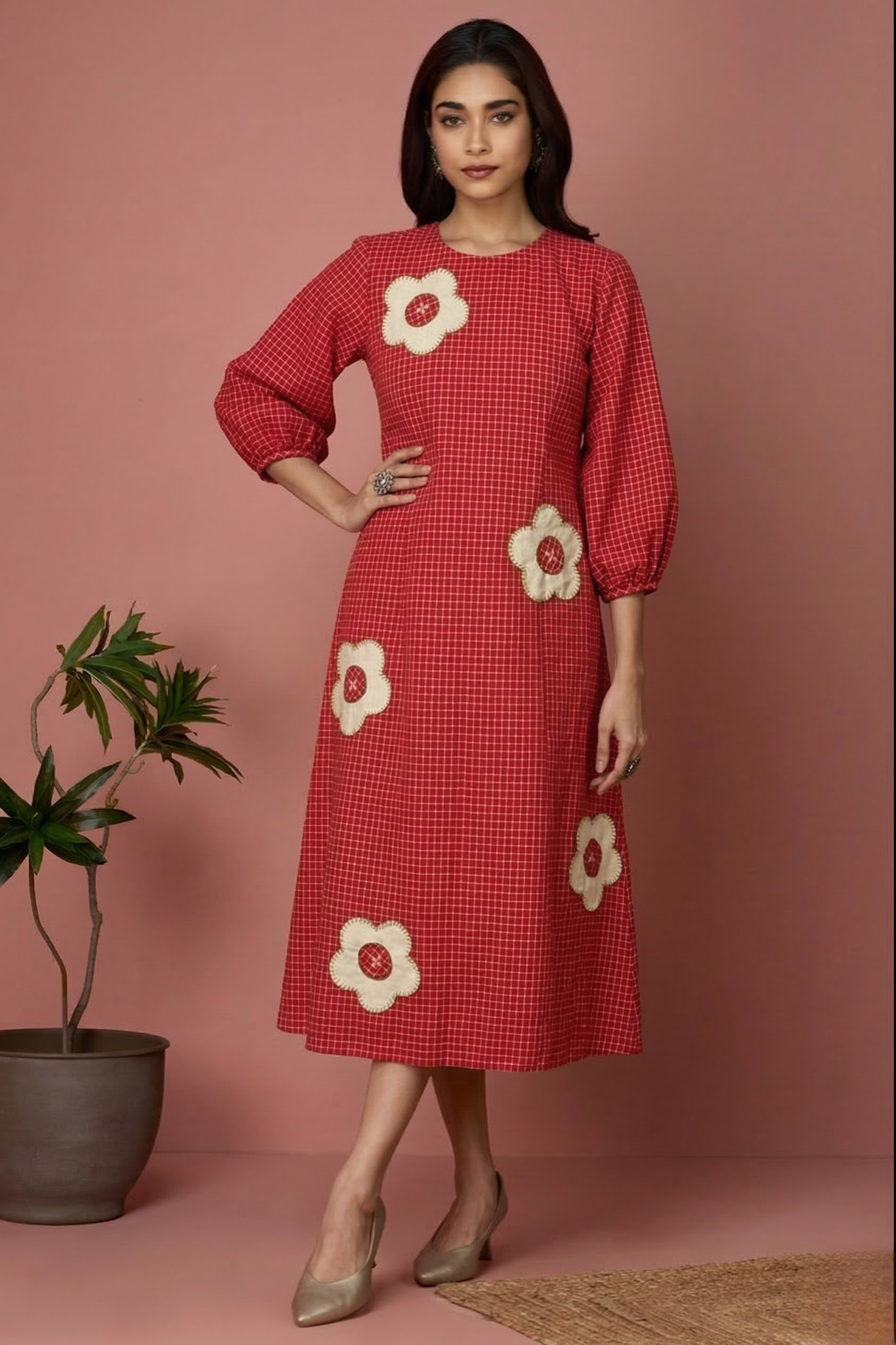 Red_Micro_Grid_Cotton_Peasant_Sleeve_Dress