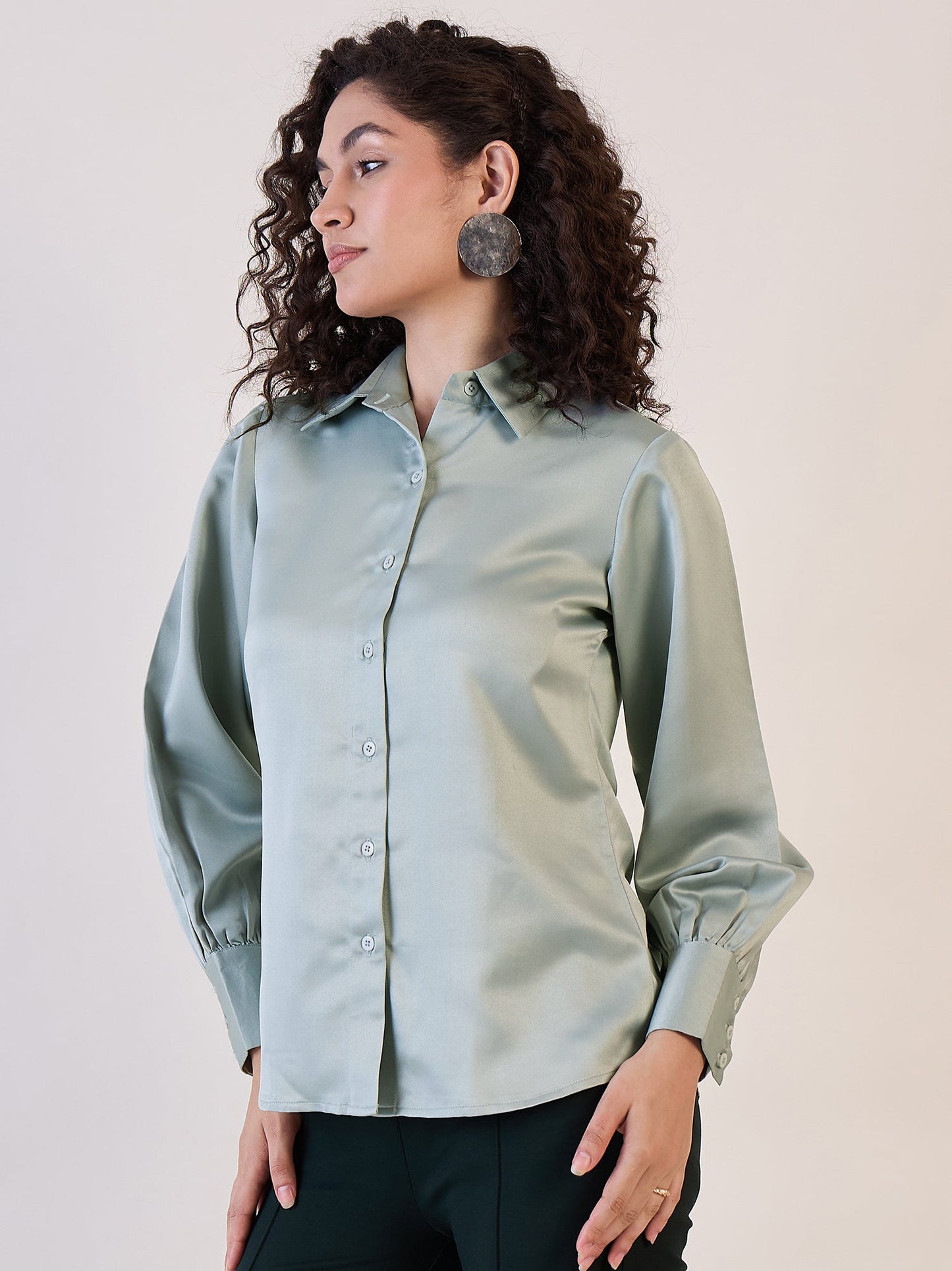 PowerSutra Sage Green Balloon Sleeve Satin Shirt