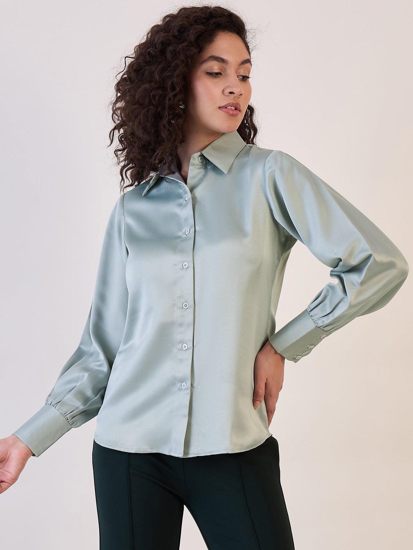 PowerSutra Sage Green Balloon Sleeve Satin Shirt
