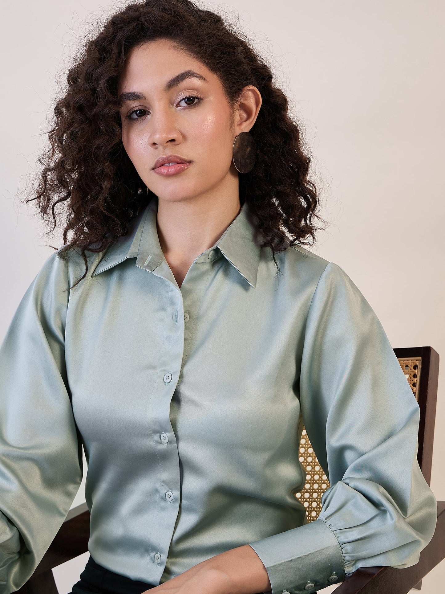 PowerSutra Sage Green Balloon Sleeve Satin Shirt