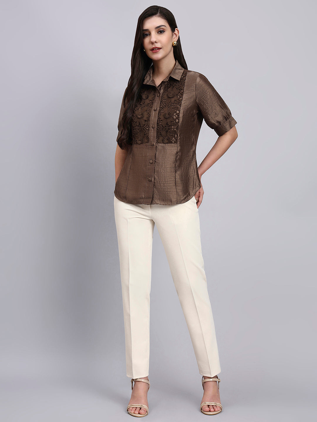 Powersutra Women Modern Casual Floral Embroidery Shirt