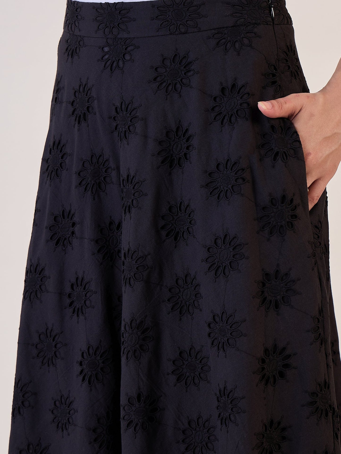 PowerSutra Black Schiffli Flared Skirt