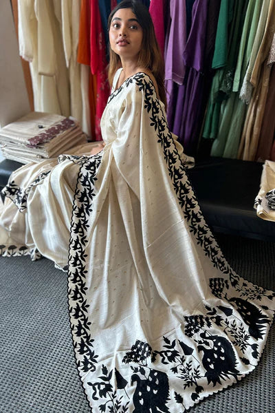 Semi Tussar saree with Deep black applique