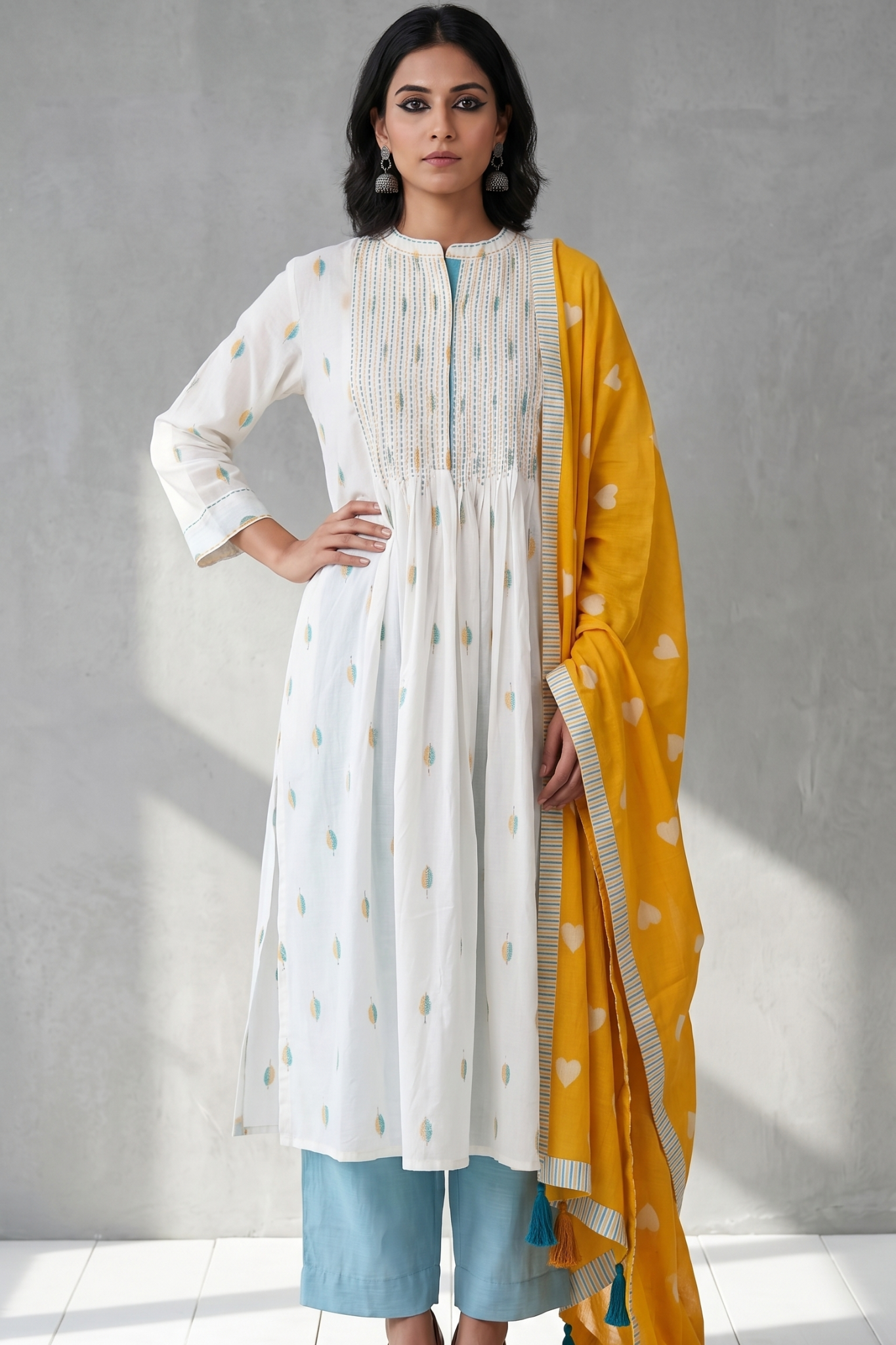 Sunleaf White Long Pintuck Yoke Kurta Top With Slit