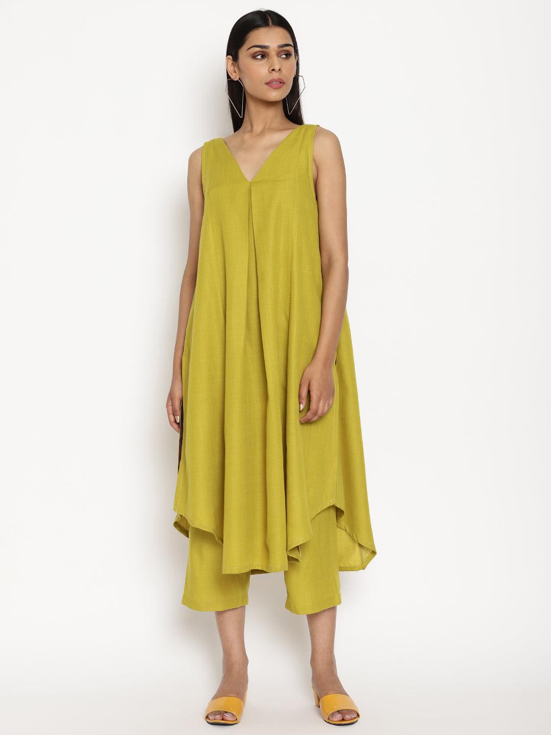 Cotton Linen Lime Green Sleeveless Flared Kurta Pant Set - trueBrowns